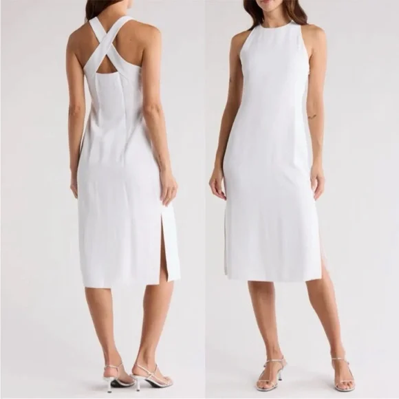 Theory White Halter Midi Dress with Cross-Back - Picture 1 of 15